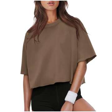 XIEERDUO Boxy Tee Shirts for Women Cute Oversized Workout Shirts for Women Drop Shoulder Round Neck ...