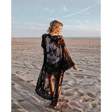 Romanstii Womens Long Lace Duster Kimono Cardigan Sheer Summer Swim Bathing Suits Swimsuit Bikini Beach Dress Cover Ups for Swimwear, Black, One Size