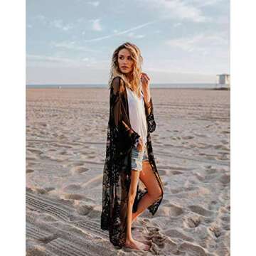 Romanstii Womens Long Lace Duster Kimono Cardigan Sheer Summer Swim Bathing Suits Swimsuit Bikini Beach Dress Cover Ups for Swimwear, Black, One Size