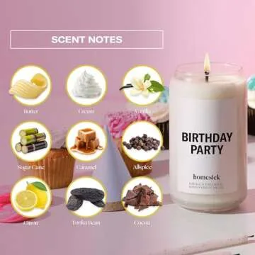 Homesick Scented Candles for Home (Birthday Party) - 13.75 oz Long-Lasting Natural Soy Wax Blend Jar Candle Gifts for Women & Men, 60-80 Hours Burn Time - Notes of Butter, Cream & Vanilla