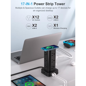 Power Strip with Wireless Charger, Flat Plug Surge Protector with 6FT Extension Cord, 12 AC Multiple...