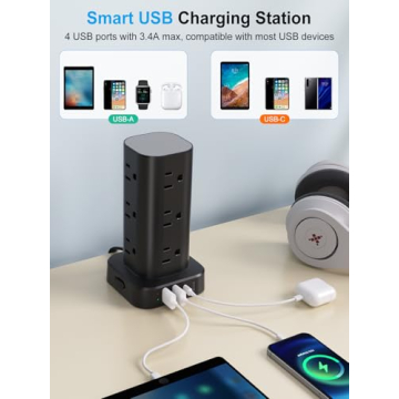 Power Strip Tower with Wireless Charger and USB Ports
