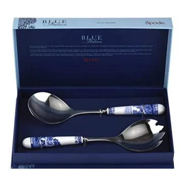 Spode Blue Italian Collection Salad Servers | 2 Piece Spoon and Fork Set | 10 Inch | Blue and White | Made of Porcelain and Stainless Steel | Italian Countryside Design