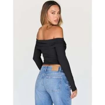 Trendy Queen Women Long Sleeve Shirts Off Shoulder Tops Going Out Crop Sexy Slim Fitted Y2K Fall Outfits 2025 Fashion Clothes Black M