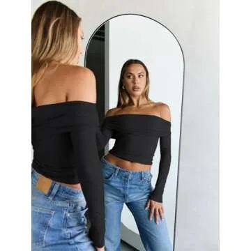 Trendy Queen Women Long Sleeve Shirts Off Shoulder Tops Going Out Crop Sexy Slim Fitted Y2K Fall Outfits 2025 Fashion Clothes Black M