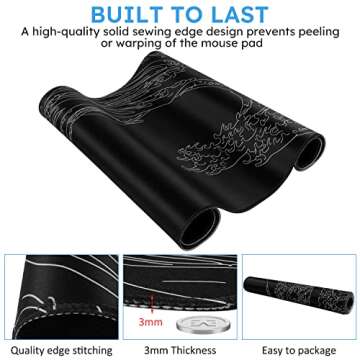 iCasso Mousepad, Gaming Mouse Pad, XXL Large Desk Mat, Big Rubber Base Mouse Mat with Stitched Edges, Computer Keyboard Desk Pad for Work, Game, Office, Home - Black Wave of Kanagawa