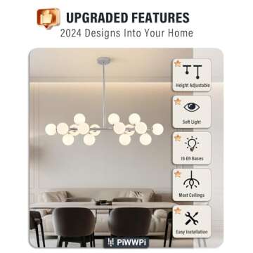 PiWWPi Glass Globe Sputnik Chandelier, 16-Light Mid Century Modern Light Fixture Over Table, Linear ...