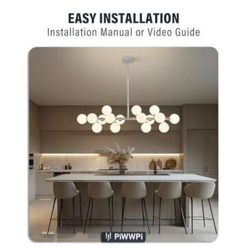 PiWWPi Glass Globe Sputnik Chandelier, 16-Light Mid Century Modern Light Fixture Over Table, Linear Chandeliers for Dining Room, Kitchen Island, Chrome and Milk White Bubble, 40 Inch, GC-02