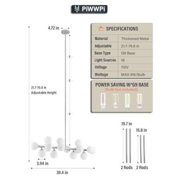 PiWWPi Glass Globe Sputnik Chandelier, 16-Light Mid Century Modern Light Fixture Over Table, Linear Chandeliers for Dining Room, Kitchen Island, Chrome and Milk White Bubble, 40 Inch, GC-02