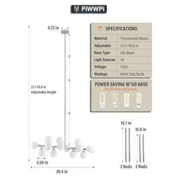 PiWWPi Glass Globe Sputnik Chandelier, 16-Light Mid Century Modern Light Fixture Over Table, Linear Chandeliers for Dining Room, Kitchen Island, Chrome and Milk White Bubble, 40 Inch, GC-02