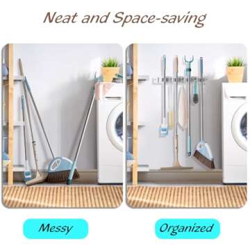OUTNILI 2 Pack Mop Broom Holder Wall Mount - White Wood Broom Mop Hanger - Wall Mounted Garden Tool Rack Organizer for Closet Garage Laundry Room, 4 Slots & 4 Hooks