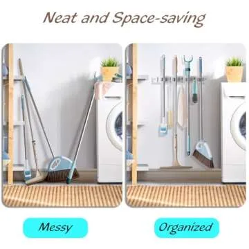 OUTNILI 2 Pack Mop Broom Holder Wall Mount - White Wood Broom Mop Hanger - Wall Mounted Garden Tool Rack Organizer for Closet Garage Laundry Room, 4 Slots & 4 Hooks