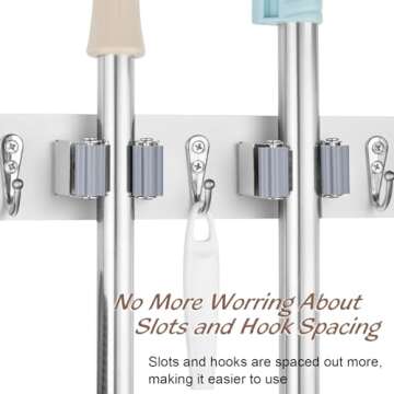 OUTNILI 2 Pack Mop Broom Holder Wall Mount - White Wood Broom Mop Hanger - Wall Mounted Garden Tool Rack Organizer for Closet Garage Laundry Room, 4 Slots & 4 Hooks