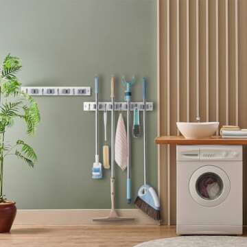 OUTNILI 2 Pack Mop Broom Holder Wall Mount - White Wood Broom Mop Hanger - Wall Mounted Garden Tool Rack Organizer for Closet Garage Laundry Room, 4 Slots & 4 Hooks