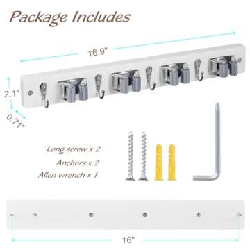 OUTNILI 2 Pack Mop Broom Holder Wall Mount - White Wood Broom Mop Hanger - Wall Mounted Garden Tool Rack Organizer for Closet Garage Laundry Room, 4 Slots & 4 Hooks