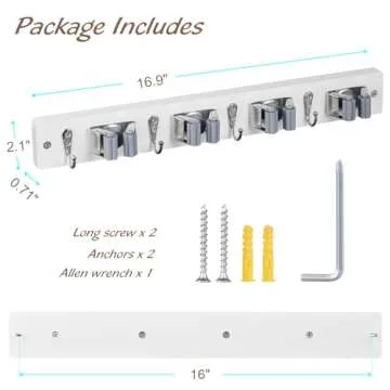 OUTNILI 2 Pack Mop Broom Holder Wall Mount - White Wood Broom Mop Hanger - Wall Mounted Garden Tool Rack Organizer for Closet Garage Laundry Room, 4 Slots & 4 Hooks