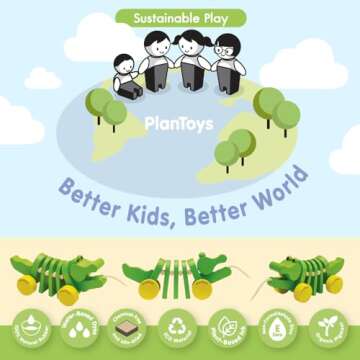 PlanToys Dancing Alligator Push & Pull Toy - Sustainably Made from Rubberwood with 3 Organic-Pigment Color Options and Makes Click-Clack Sounds and Dancing Movements when Pulled (Natural)