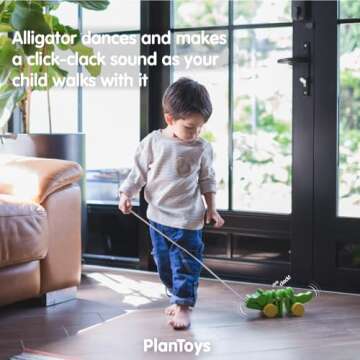 PlanToys Dancing Alligator Push & Pull Toy - Sustainably Made from Rubberwood with 3 Organic-Pigment Color Options and Makes Click-Clack Sounds and Dancing Movements when Pulled (Natural)