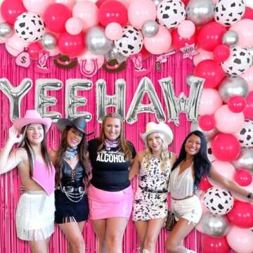 Western Cowgirl Party Decorations YEEHAW Bachelorette Balloon Garland Kit Nashville Bachelorette Party Supplies Disco Cowgirl Banner Rose Red Tinsel Disco Balloon for Women