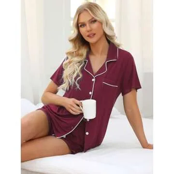 Pajamas Women Short Set Cute Sleepwear Teen Girls 2 Piece Sleep Tee Set Soft Juniors Lounge Set Gift Maroon M