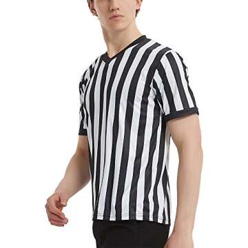 TopTie Sporting Goods Men's Referee Shirt Official V-Neck Black & White Stripe Jersey-S