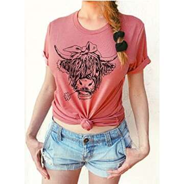Cow Shirts for Women Cute Cattle Cowgirl T-Shirt Funny Animal Graphic Farm Life Tee Casual Short Sle...