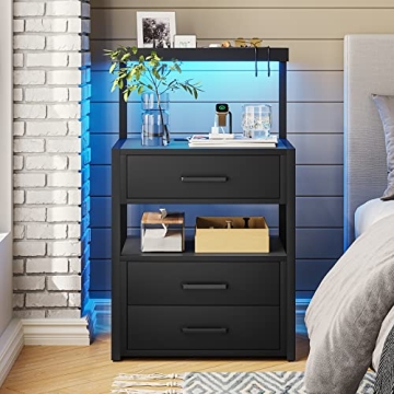 Modern LED Nightstand with Charging Station & RGB Lights - 3 Drawers