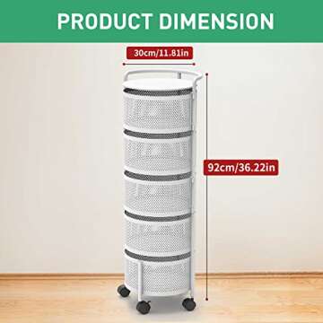 JAQ Rotating Fruit Basket, 5-Tier Metal Sturdy Kitchen Storage Rack Shelf Carts No Assembly on Rolli...