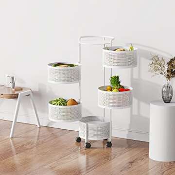 JAQ Rotating Fruit Basket, 5-Tier Metal Sturdy Kitchen Storage Rack Shelf Carts No Assembly on Rolling Wheels for Fruit Vegetable Grocery Corns Potato Onion (White, 5-Tier)