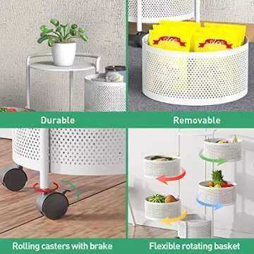 JAQ Rotating Fruit Basket, 5-Tier Metal Sturdy Kitchen Storage Rack Shelf Carts No Assembly on Rolling Wheels for Fruit Vegetable Grocery Corns Potato Onion (White, 5-Tier)