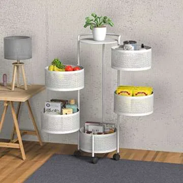 JAQ Rotating Fruit Basket, 5-Tier Metal Sturdy Kitchen Storage Rack Shelf Carts No Assembly on Rolling Wheels for Fruit Vegetable Grocery Corns Potato Onion (White, 5-Tier)