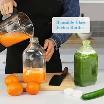 Syntic 4 Pack 2 Qt Glass Milk Bottles with Handle and Airtight Reusable Screw Lid - 64 Oz Glass Juice Bottles, 1/2 Gal Glass Water Bottles, Milk Jug Pitcher with Scale