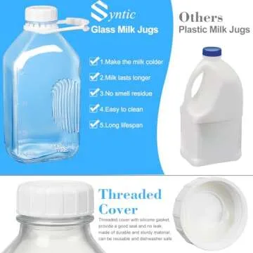 Syntic 4 Pack 2 Qt Glass Milk Bottles with Handle and Airtight Reusable Screw Lid - 64 Oz Glass Juice Bottles, 1/2 Gal Glass Water Bottles, Milk Jug Pitcher with Scale