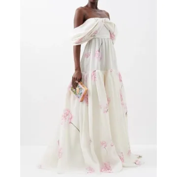 Maxi White Off Shoulder Lace Dress Ruffle Hem Tiered Dress Elegant Dress for Wedding Guest Tulle Smocked Dress Chic Women Birthday Dress