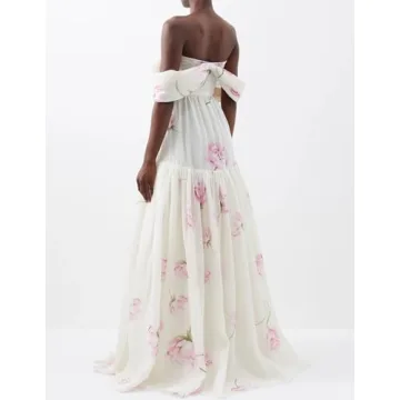 Maxi White Off Shoulder Lace Dress Ruffle Hem Tiered Dress Elegant Dress for Wedding Guest Tulle Smocked Dress Chic Women Birthday Dress