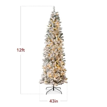 Flocked Pencil Christmas Tree 12ft Pre-Lit Holiday Decor