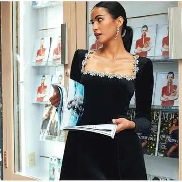 Wirunsy Womens Plus Size Short Wedding Dresses for Brides Long Sleeve Crystal Square Neck Velvet A Line Bridal Shower Gowns with Pockets 2025 Black 22W