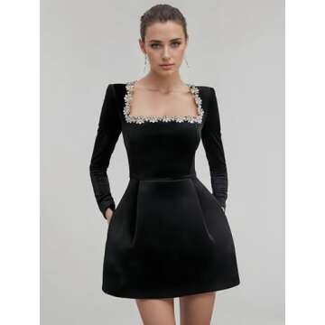 Wirunsy Womens Plus Size Short Wedding Dresses for Brides Long Sleeve Crystal Square Neck Velvet A Line Bridal Shower Gowns with Pockets 2025 Black 22W