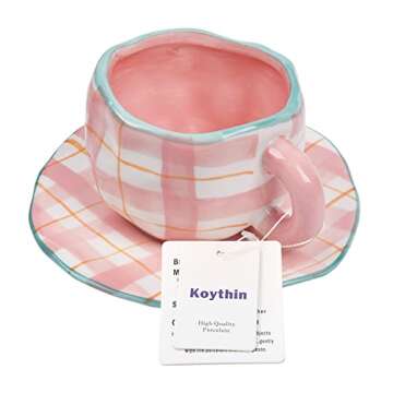 Koythin Ceramic Coffee Mug, Cute Pink Cup for Women with Saucer for Office and Home, Dishwasher and Microwave Safe, 10 oz/300 ml for Latte Tea Milk (Pink Check)