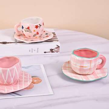 Koythin Ceramic Coffee Mug, Cute Pink Cup for Women with Saucer for Office and Home, Dishwasher and Microwave Safe, 10 oz/300 ml for Latte Tea Milk (Pink Check)