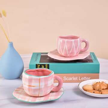 Koythin Ceramic Coffee Mug, Cute Pink Cup for Women with Saucer for Office and Home, Dishwasher and Microwave Safe, 10 oz/300 ml for Latte Tea Milk (Pink Check)