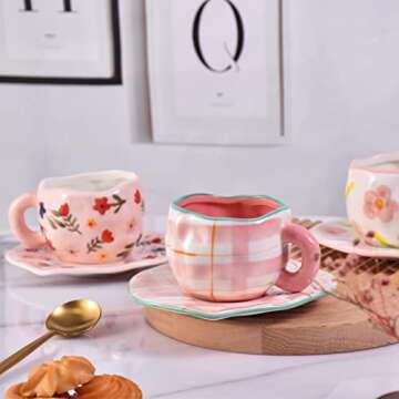 Koythin Ceramic Coffee Mug, Cute Pink Cup for Women with Saucer for Office and Home, Dishwasher and Microwave Safe, 10 oz/300 ml for Latte Tea Milk (Pink Check)