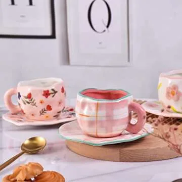 Koythin Ceramic Coffee Mug, Cute Pink Cup for Women with Saucer for Office and Home, Dishwasher and Microwave Safe, 10 oz/300 ml for Latte Tea Milk (Pink Check)