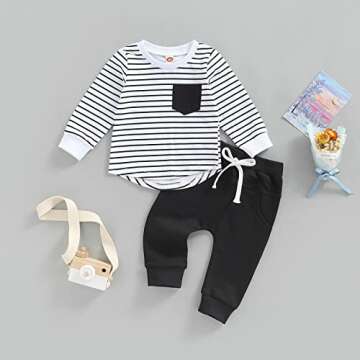 Rtnnsbbfcm Baby Boy Spring Fall Clothes Long Sleeve Striped Front Pocket Shirt Top Sweatpants 2Pcs C...