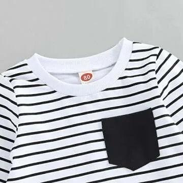 Rtnnsbbfcm Baby Boy Spring Fall Clothes Long Sleeve Striped Front Pocket Shirt Top Sweatpants 2Pcs Casual Outfit (2-3T,White Striped)