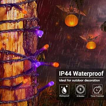 iBaycon 600 LED Orange and Purple Halloween Lights, 196.5ft Round Bead Waterproof String Lights with 8 Modes & Timer for Indoor Outdoor Halloween Decorations(Green Wire, Orange+Purple)