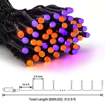 iBaycon 600 LED Orange and Purple Halloween Lights, 196.5ft Round Bead Waterproof String Lights with 8 Modes & Timer for Indoor Outdoor Halloween Decorations(Green Wire, Orange+Purple)