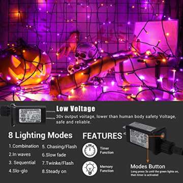iBaycon 600 LED Orange and Purple Halloween Lights, 196.5ft Round Bead Waterproof String Lights with 8 Modes & Timer for Indoor Outdoor Halloween Decorations(Green Wire, Orange+Purple)