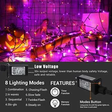 iBaycon 600 LED Orange and Purple Halloween Lights, 196.5ft Round Bead Waterproof String Lights with 8 Modes & Timer for Indoor Outdoor Halloween Decorations(Green Wire, Orange+Purple)