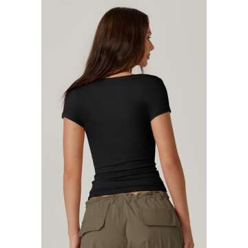 QINSEN T Shirts for Women Square Neck Short Sleeve Basic Tops Curved Shoulders Summer Y2K Crop Tops,Black Small